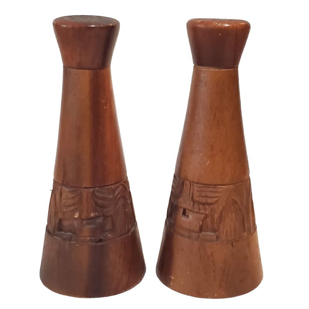 Vintage Hand CARVED Turned Wood TIKI Hut Face Salt & Pepper SHAKERS 5.5" tall